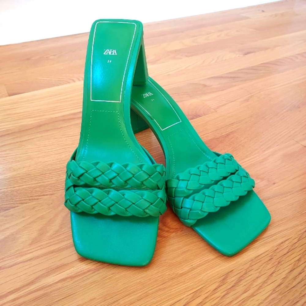 Zara Braided Block Heel Square Toe Slide Heels Green Size 39 (US 8.5)